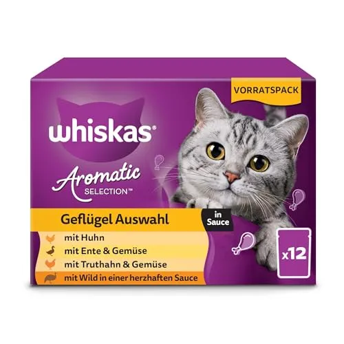 WHISKAS Aromatic Selection Multipack Portionsbeutel 1+ Geflügel Auswahl 4 Varietäten Huhn, Ente, Truthahn, Wild in Sauce 4x12x85g