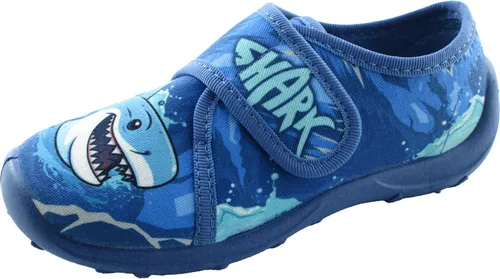 Kinder-Klett-Hausschuh mit Hai-Motiv - Bequemer Hausschuh für Kinder, ausgestattet mit praktischem Klettverschluss und lustigem Hai-Design für mehr Spaß beim Tragen.