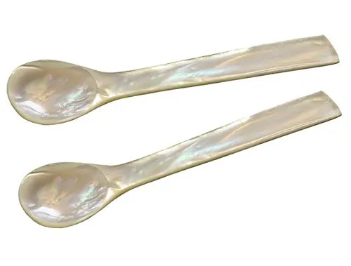 EDZARD 2er Set Eierlöffel (Länge 11 cm) aus echtem Meer-Perlmutt (Pinctada maxima), Handarbeit, 100% Naturprodukt, Griff oben eckig, edle Geschenkverpackung, Perlmuttlöffel für Ei und Kaviar