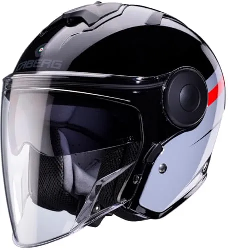 Caberg Soho Zephir Jethelm - Schwarz/Grau/Rot - L - Motorradhelm mit hervorragender Belüftung und integrierter Sonnenblende, ideal für Pendler und Ausflüge. Hoher Tragekomfort dank individuell anpassbarer Schalengrößen und herausnehmbarer Innenausstattung.
