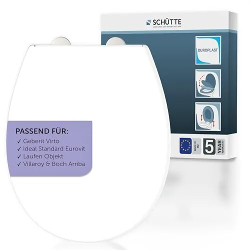 SCHÜTTE WC-Sitz für Villeroy & Boch Arriba, Laufen Objekt, Ideal Standard Eurovit, Geberit Virto - Hochwertiger WC-Sitz mit Absenkautomatik, abnehmbar für einfache Reinigung. Perfekt passend für spülrandlose Keramiken, belastbar bis 250kg.