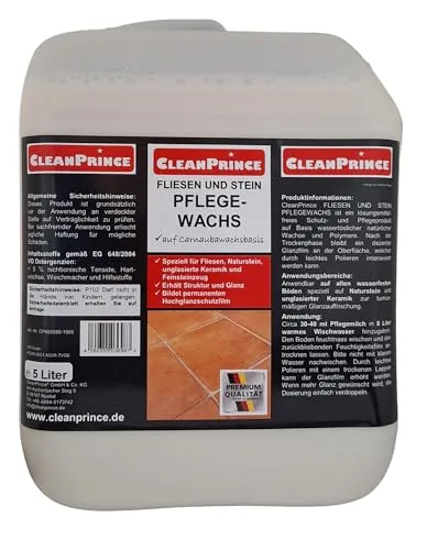 CleanPrince Fliesen und Stein Pflegewachs 5L | Hochglanzschutz für Naturstein und Keramik - Pflegemittel auf Carnaubawachsbasis für Fliesen, Naturstein und unglasierte Keramik. Schützt und verleiht dauerhaft strahlenden Glanz. Ideal für die regelmäßige Pflege in jedem Haushalt.