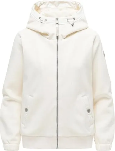 Ragwear Damen warme Übergangsjacke kurze Cord-Jacke aus kuscheligem Rippstrickoptik-Material in Samt-Haptik Plüschjacke mit Fleece-Innenfutter und Kapuze Cousy Short Bonded Ecru26 Gr. XL