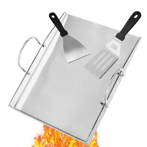 Universelle Edelstahl Plancha Grillplatte mit 2 Grillspachtel Set – 40 x 30 cm für Gas- und Holzkohlegrills