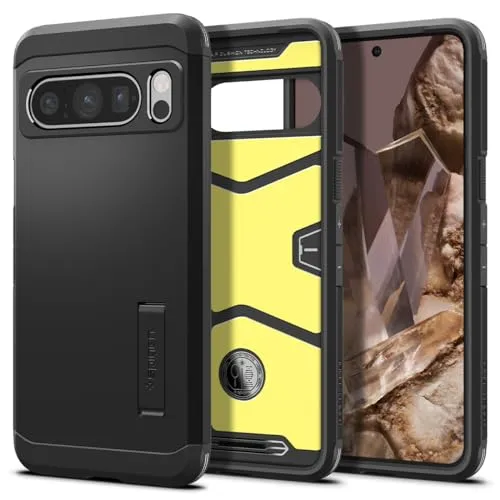 Spigen Tough Armor Hülle Kompatibel mit Google Pixel 8 Pro - Schwarz, doppelschichtiger Schutz mit Kickstand und Air Cushion Technologie für optimalen Display- und Kameraschutz