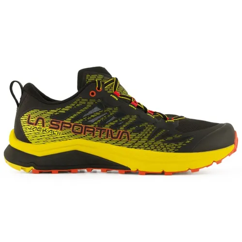 La Sportiva Trail-Laufschuhe Jackal II schwarz/gelb Herren - Laufschuhe für Ultra-Wettkämpfe, mit innovativer INFINITOO™-Technologie für außergewöhnliche Dämpfung und hohe Energierückgabe. Optimal für lange Strecken und umweltfreundlich.