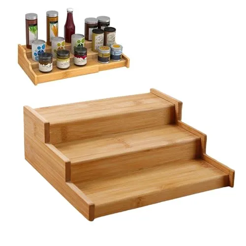 Wisebom 3-stufiges Gewürzregal Gewürzhalter aus Bambus Ausziehbar Praktisches Gewürzregal Erweiterbares Bambus Gewürzregal für Küchenschrank