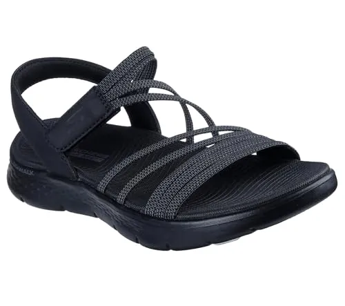Skechers Go Walk Flex Sandal Emma Damen Sandale Schwarz - Sportliche Outdoor-Sandale mit flexiblem Gummizug-Riemchen und verstellbarer Klettschließe. Die weiche Goga Mat Decksohle sorgt für hohen Tragekomfort und ist maschinenwaschbar. Ideal für aktive Tage.