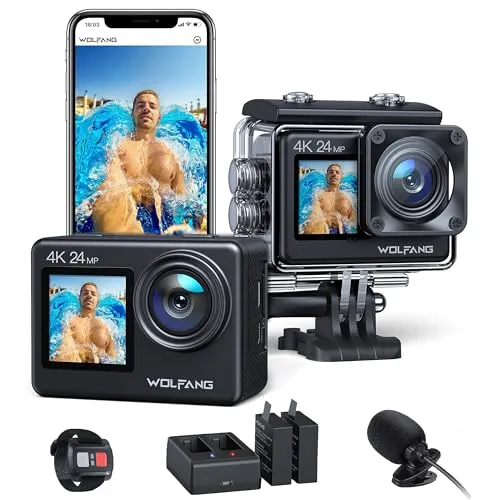 WOLFANG GA200 Action Cam 4K 24MP - Action-Cam mit 4K-Videoqualität, Bildstabilisator und wasserdichtem Gehäuse für unvergessliche Abenteuer und atemberaubende Aufnahmen.