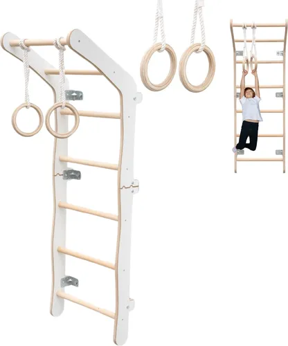 Klettergerüst Indoor für Kinderzimmer | Sprossenwand aus Yarnwood | Turnringe in Weiß