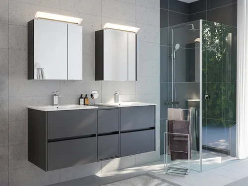 Magnolia Home Waschtisch Badmöbelset Taifun 150cm 3tlg mit 2x Spiegelschrank - Hochwertiges Badmöbelset mit Softtouch-Oberfläche, die Fingerabdrücke minimiert. Ideal für moderne Badezimmer, inklusive 2 Spiegelschränken und praktischen Softclose-Schubladen.