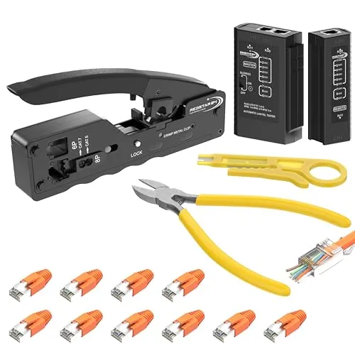 Redstar24 Netzwerk Werkzeug SET Crimpzange RJ45 Stecker Cat7 / Pass Through/Lan Netzwerktester/Seitenschneider/Abisolierer/Crimpstecker/Netzwerkkabel Reparaturwerkzeug/Netzwerkstecker 10x