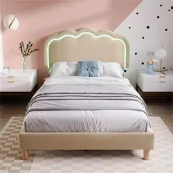 Polsterbett LED Einzelbett 90 x 200 cm - Polsterbett mit verstellbarem Kopfteil und LED-Umgebungsbeleuchtung, ideal für ein gemütliches Schlafzimmer. Hautfreundliches Leinen in Beige sorgt für Stil und Komfort.