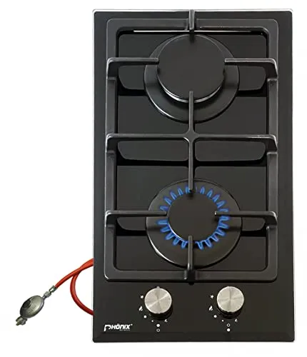 Phönix Domino-DG Einbaukochfeld Glas Gaskochfeld Gaskocher Campingkocher 2 flammig propan/Erdgas inkl. Gasschlauch-Regler