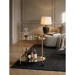 Design Servierwagen Gold 67x79 cm - Mobile Mini Bar mit Glasplatte - Eleganter Servierwagen in Gold mit zwei Ablageflächen und praktischen Rollen für einfache Mobilität. Ideal als Minibar oder Beistelltisch für jeden Anlass.