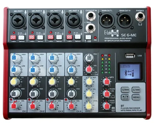 E-Lektron SE-6 Live Mischpult - 6-Kanal Mixer mit USB und Bluetooth, ideal für Bühne und Heim-Studio mit 48V Phantomspeisung