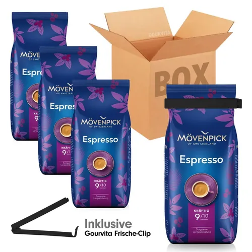 Mövenpick Espresso 4x1000g Bohnen + gratis Gourvita Frische-Clip - Kaffee-Genuss der Extraklasse: 4x1kg Mövenpick Barista Espresso für ein unvergleichliches Geschmackserlebnis. Der praktische Frische-Clip bewahrt das Aroma und sorgt für perfekten Genuss bei jeder Tasse.