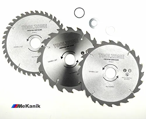 Toolzone PA021 Kreissägeblätter TCT 184 mm 20, 24 & 40 Zähne mit Adapter-Orings, 12 V, Silber