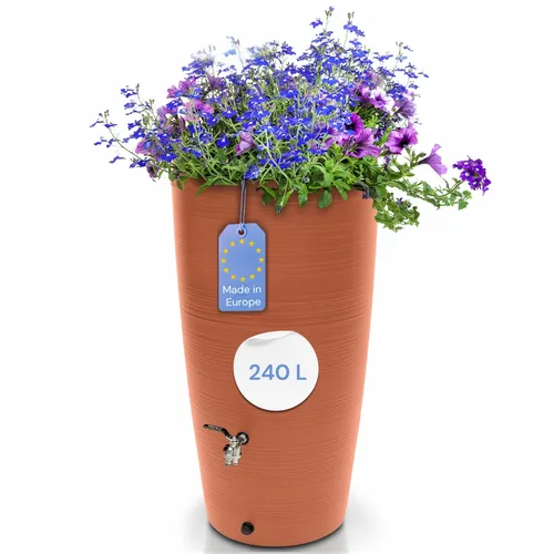 YourCasa Regentonne 240 Liter mit Messing Wasserhahn - Regentonne mit 240 Litern, UV-beständig und ausgestattet mit einer integrierten Pflanzschale für umweltfreundliche Wassernutzung.