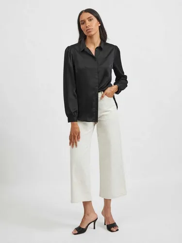 Vila Damen Viellette Satin L/S Shirt - Elegante Bluse in Schwarz - Damenbluse mit leichtem V-Ausschnitt und langen Ärmeln, ideal für schicke Anlässe oder den Alltag.
