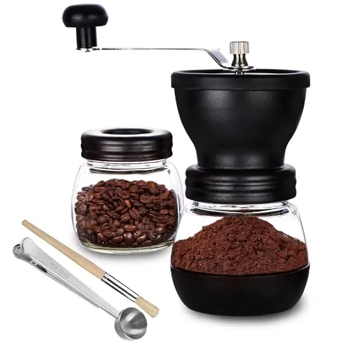 PARACITY Manuelle Kaffeemühle,320ml Keramikmahlwerk mit 2 Glasbehältern | Keramikmahlwerk hitzeschutz, verstellbarer Mahlgrad, rutschfester Boden, abwaschbar, Espresso Filterkaffee French Press
