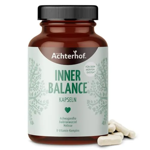 Inner Balance Kapseln (60 Stück) | mit Ashwagandha, Baldrian, Melisse, Aminosäuren und B-Vitaminen | die balancierte Formel für mehr innere Balance | 100% vegan | vom Achterhof