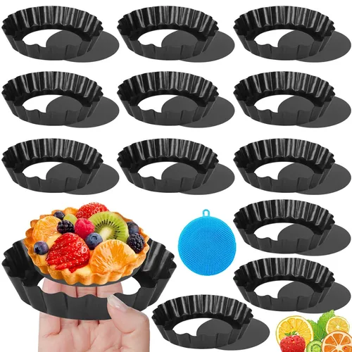 KIMIGO 12 Stück Tarteform mit Hebeboden,Mini Quicheform mit Hebeboden,Antihaftbeschichtung Mini Quicheform,Tarte Pan,Quiche Form,Obstkuchenform,Schwarz Tortenboden Backform für Quiche,Obstkuchen,Pie