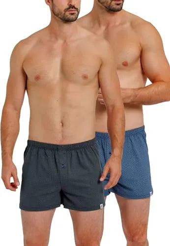 HAASIS BODYWEAR Herren Jersey Boxer, GOTS zertifiziert, navy/print, 2er Pack - Hochwertige Herren Jersey Boxershorts in optimaler Passform, mit hautfreundlichem Webbund und Eingriff. Nachhaltig produziert aus 100% Bio-Baumwolle für höchsten Tragekomfort.