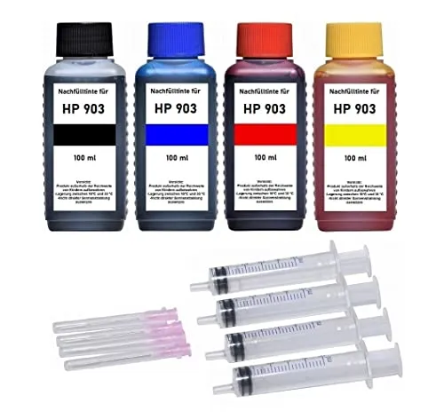 Tintenpatronen Nachfüllset - 4 x 100 ml Nachfülltinte kompatibel mit HP 903 (XL) Black, Cyan, Magenta, Yellow für OfficeJet 6950, OfficeJet Pro 6868, 6950, 6960, 6970, 6975, 6978