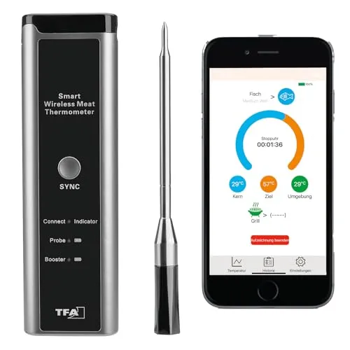 TFA Dostmann Kabelloses Fleischthermometer SMART BBQ 70 m - Grillthermometer mit 70 m Reichweite, ideal für präzise Kerntemperaturmessung von Fleisch, Fisch und Geflügel. Einfach über die TEMPROBE App steuerbar und mit schneller Ladezeit von nur 30 Minuten.