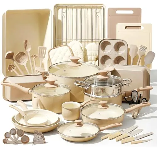 NutriChef Kochgeschirr Set 54-tlg – Pfannen, Töpfe, Küchenhelfer Taupebraun– Mit Messer, Backformen, Zubehör – Für Induktion, Gas und Elektro – Gesund und fettarm kochen