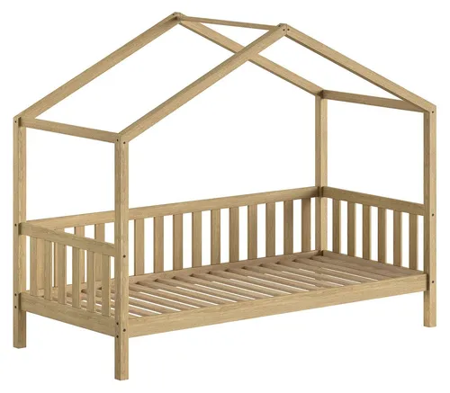 Hausbett Kapua Eiche massiv Natur mit Dachaufbau 90x200 - Stilvolles Kinder- oder Jugendbett aus massiver Eiche mit Dachaufbau. Inkl. Lattenrost für optimalen Komfort. Einzigartiges Design und stabile Verarbeitung machen es zum perfekten Rückzugsort.
