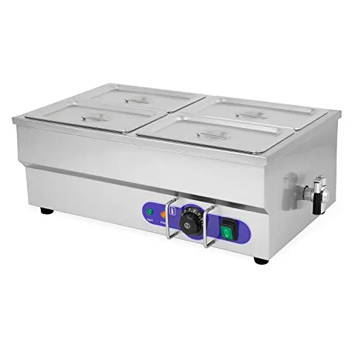 vertes Speisenwärmer Buffetwärmer 1500W aus Edelstahl mit 4 GN Behältern - Edelstahl Speisenwärmer für Gastronomie, mit Temperaturregulierung von 50-200°C und Ablasshahn für müheloses Servieren. Ideal für Buffets und Caterings.