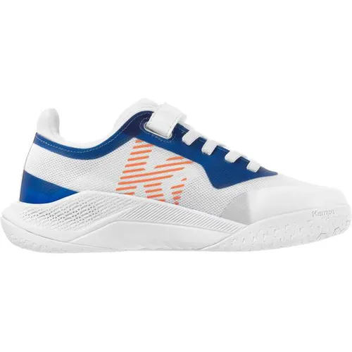 Kempa Hallen-Sport-Schuhe Kourtfly Kids - Weiß/Blau (Gr. 29) - Hallenschuhe mit Michelin-Sohle für maximale Kontrolle und optimalen Halt bei schnellen Bewegungen. Ergonomisches Design und ReBounz-Zwischensohle für besten Komfort und Energierückgabe.