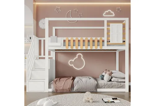 Odikalo Kinderbett Etagenbett 90x200 - Hochbett mit Treppe und Stauraum - Skandinavisches Etagenbett aus massivem Kiefernholz, mit sicherer Treppe, charmantem Fenster und 3 Schließfächern. Ideal für Spielzeug und Bücher, schafft Platz im Kinderzimmer.