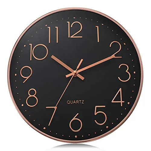 Lafocuse Schwarz Modern Wanduhr Lautlos 30cm, 3D Ziffern Rosegold Ohne Tickgeräusche, Quartz Wanduhr Analog Leicht zu Lesen Deko für Wohnzimmer Zimmer Küche Büro