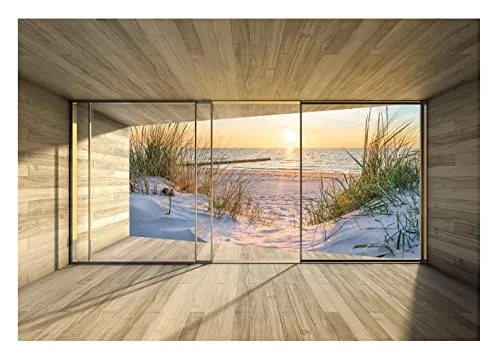 WallArena - Vlies Fototapete 3D-Fenster 254x184 cm - Fototapeten - Tapeten - für Wohnzimmer Schlafzimmer - Vliestapete Wandtapete Tapete 3D Effekt- inkl. Kleister - Sonnenuntergang