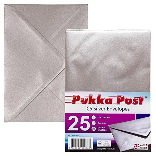 Pukka Pad, Pukka Briefumschläge, gummiert, 100 g/m², 25 Stück, 229 x 162 mm, Größe C5, Silber