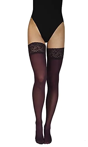 Annes styling Truss 60 DEN Damen Halterlose Mikrofaser Strümpfe mit Spitze Hoch Blickdicht Dessous Strumpfwaren Silikonoberteil, Prugna Gr. TG-7/8