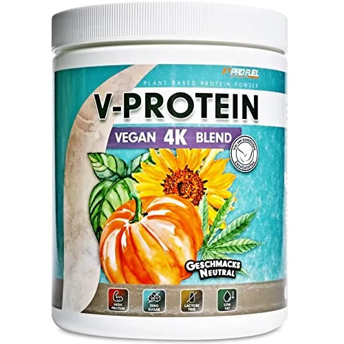 Vegan Proteinpulver NEUTRAL - V-PROTEIN 4K Blend - 480g - Naturbelassenes Protein zum Backen und Kochen – Aus Sonnenblumen, Soja, Hanfsamen & Kürbiskernen - Pflanzliches Eiweißpulver mit 86% Eiweiß