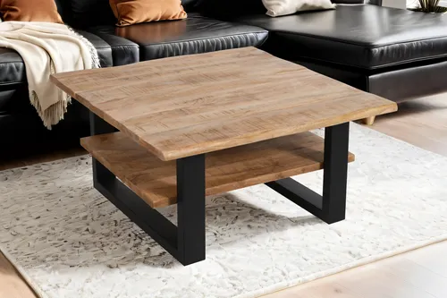 Refurbished Möbelretoure Couchtisch Baumkante massiv Mangoholz naturfarben 90x90 cm schwarz PATRICK