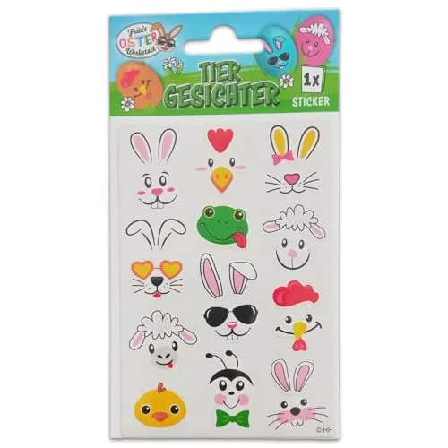 Oster Eier Sticker - freche Gesichter Aufkleber für Oster Eier Deko - Bogen 12 Motive / 12 Sticker (Tier Gesichter)