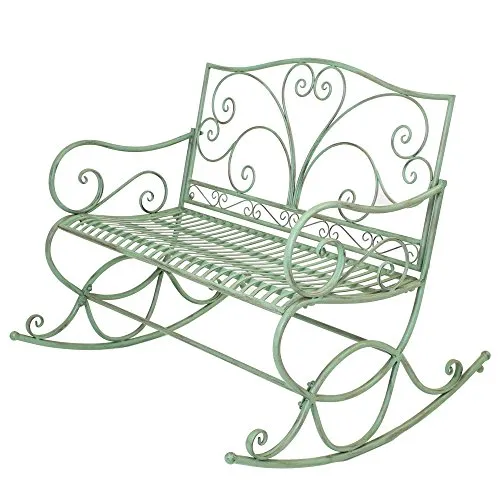 FRANK FLECHTWAREN Schaukelbank “Mint” – Vintage-Sitzbank mit Schaukelfunktion - Bänke: Stilvolle Schaukelbank mit mintgrüner Patina und Rankenmuster, ideal für entspannte Stunden im Garten oder auf der Terrasse.