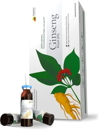 Ginseng Royal Jelly by FAMED – 30 Trinkampullen - Pflanzliches Ergänzungsmittel Ginseng zur Reduzierung von Müdigkeit und Stärkung des Immunsystems mit 300 mg Red Panax Ginseng und 200 mg Royal Jelly – 100% natürliche und hochdosierte Inhaltsstoffe.
