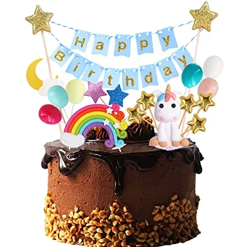 Jrzyhi Einhorn Regenbogen Tortendeko Blau Happy Birthday Girlande Luftballon Kuchen Topper Cupcake Topper Einhorn Tortendeko Geburtstag Für Mädchen Geburtstag Happy Birthday Luftballon Wolke