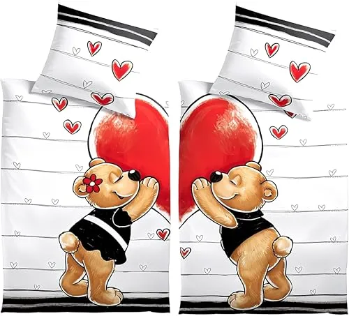 one-home 4 teilig Partner Bettwäsche 135x200 cm Teddy Bären Love Liebe Herzen Microfaser