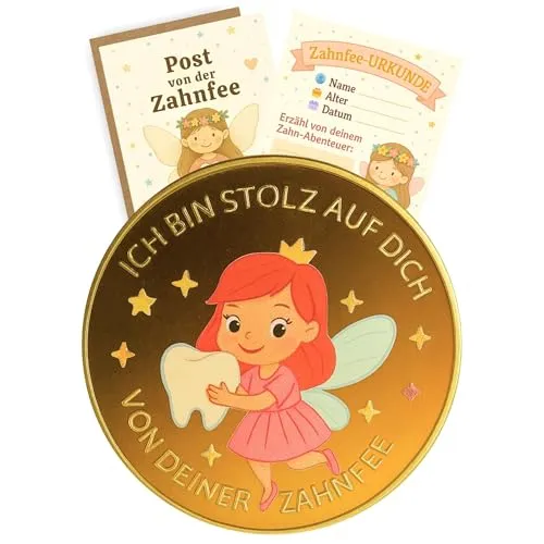 Milaboo® Zahnfee Geschenk Kinder – Farbige Glücksmünze Münze mit Karte & braunem Umschlag – Geschenkset für Mädchen & Jungen – Überraschung beim Zahnverlust (Glücksmünze Farbe)