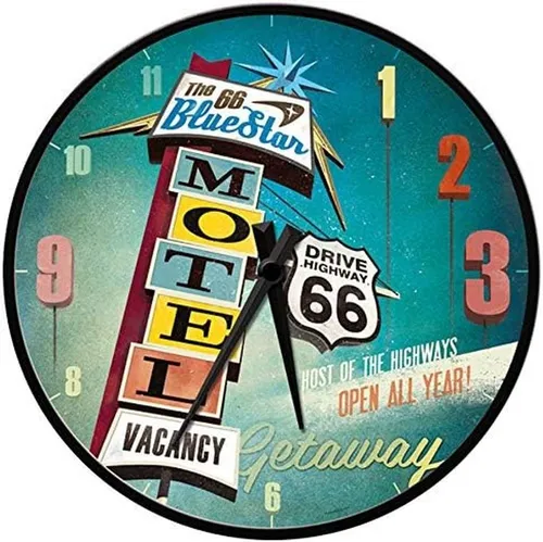 Nostalgic-Art Wanduhr - US Highways The 66 Blue Star Motel, Ø 31 cm - Wanduhren im Vintage-Design, hochwertiger Metallrahmen und lautloses Quarzuhrwerk, ideal für stilvolle Wohnräume oder als Geschenk.