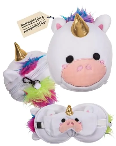 Out of the blue Kinder Plüsch-Reisekissen mit Augenmaske, Einhorn, ca. 15,5 x 14,5 x 14 cm