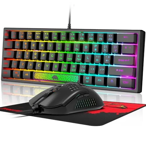 Prozent Mini Gaming Tastatur und Maus Set Schwarz - 60% kompaktes Design mit RGB-Beleuchtung, ergonomische Tastatur und ultraleichte Wabenschale Maus mit 12000 DPI - ideal für Gaming und Büro.